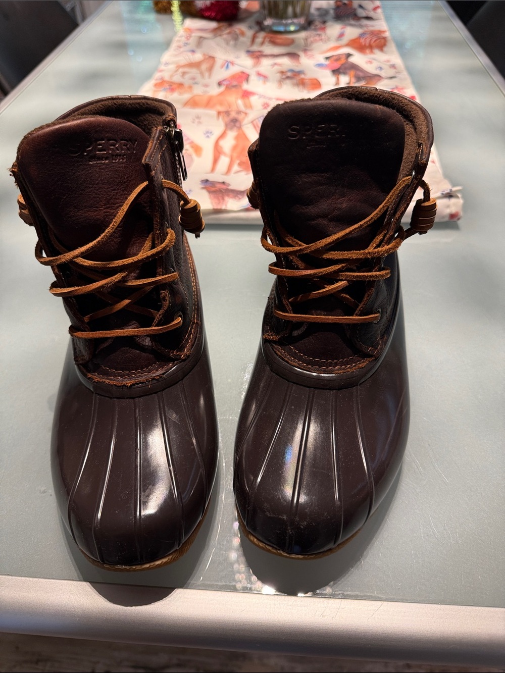 Sperry Brown Leather and Rubber Lace-Up Rain Boots